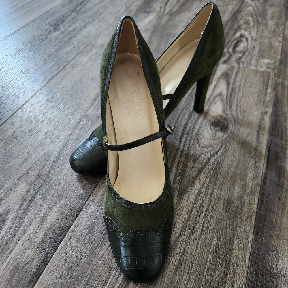 Max De Carlo Dark Green Leather Suede Mary Jane Pumps